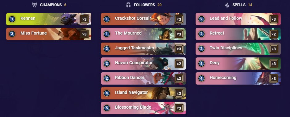 Kennen/Miss Fortune is how I lost all my Ahri/Yasuo lp, as fun as jagged tasmakster is with blades the deck sadly just sucks.  Considering trying a Fizz shell instead of a Kennen shell and using syncopation instead of the recall stuff but probably still bad.