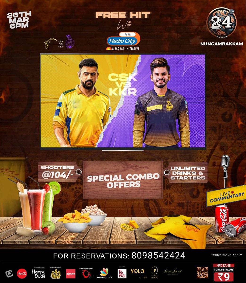 24TheSpirit's tweet photo. Celebrate this IPL Season with @24thespirit 🔥 CSK VS KKR match happening on 26th March 6PM onwards!

We welcome all CSK fans! Let’s cheer for CSK 😎 🔥 

FREE HIT with @radiocityindia !
A Festive Evening for CSK fans (Celebs+ Fans) - Walk in. 🎉 https://t.co/PjP4sxYFZS
