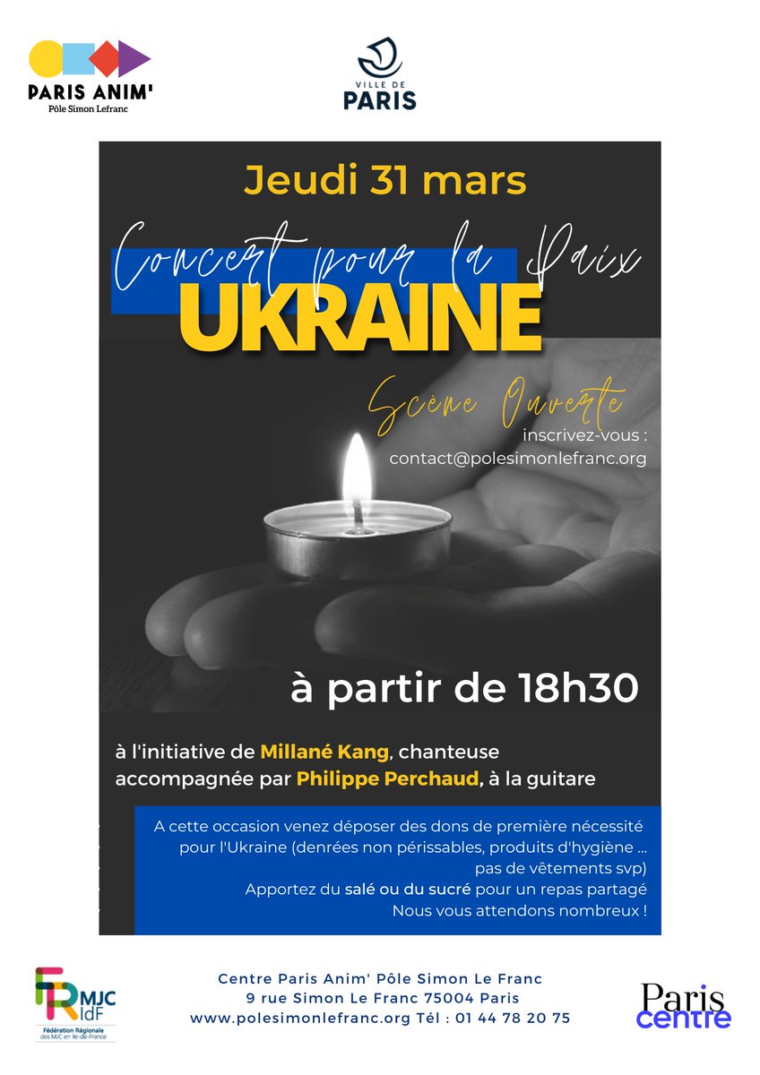 Concert pour la Paix au Pôle Simon Le Franc, jeudi prochain à partir de 18h30. Cette soirée est programmée à l'initiative de Millané Kang, usagère du Pôle Simon Le Franc. Une occasion de se retrouver et de récolter des dons pour l'Ukraine. Nous vous attendons nombreux !