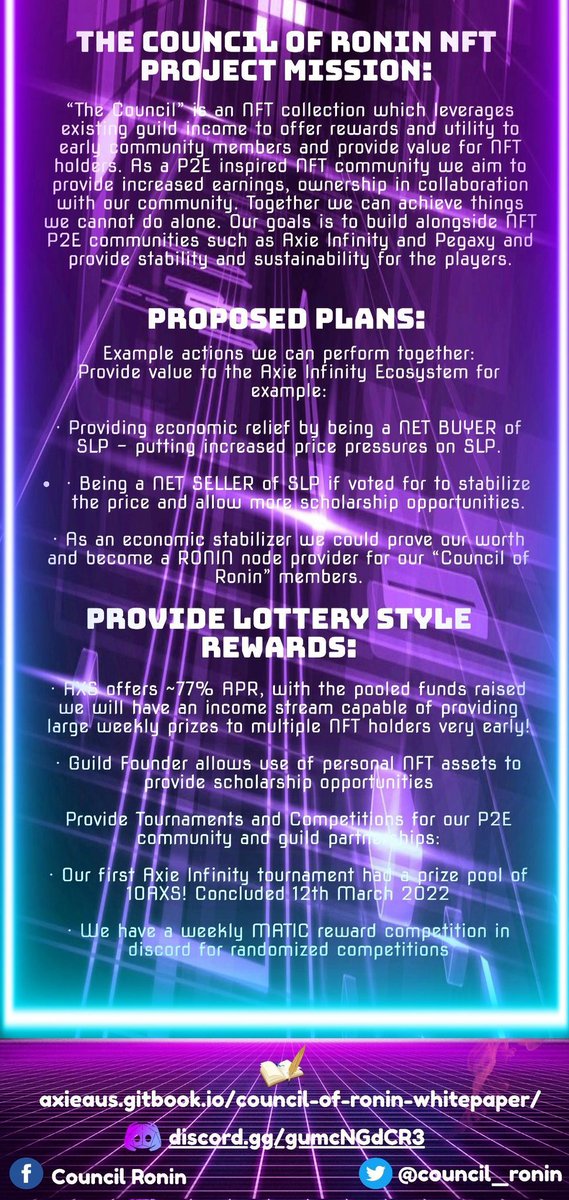 We have 25 pegas and only 8 NFTs sold. Utility with us is REAL.
We are staking $AXS with all the proceeds to grow even larger.
Real guild with real users and real incomes. Not some future promise by the likes of many other NFT projects.
Mint site in our pinned post 👹
#WeAreRonin