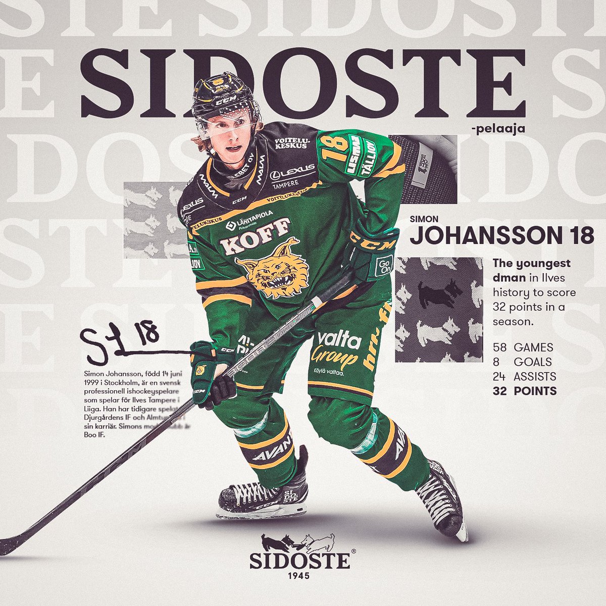 ilveshockey's tweet photo. Vilken säsong, Simme! 🔥
Simon Johanssonista tuli Jyrki Lumpeen jälkeen Ilves-historian toiseksi nuorin puolustaja, joka on tehnyt yli 30 pistettä yhden kauden aikana.
🧦 @sidoste | https://t.co/hJCuaANe6A
#Ilves #Liiga #Sidoste https://t.co/EEHd2K5pmV
