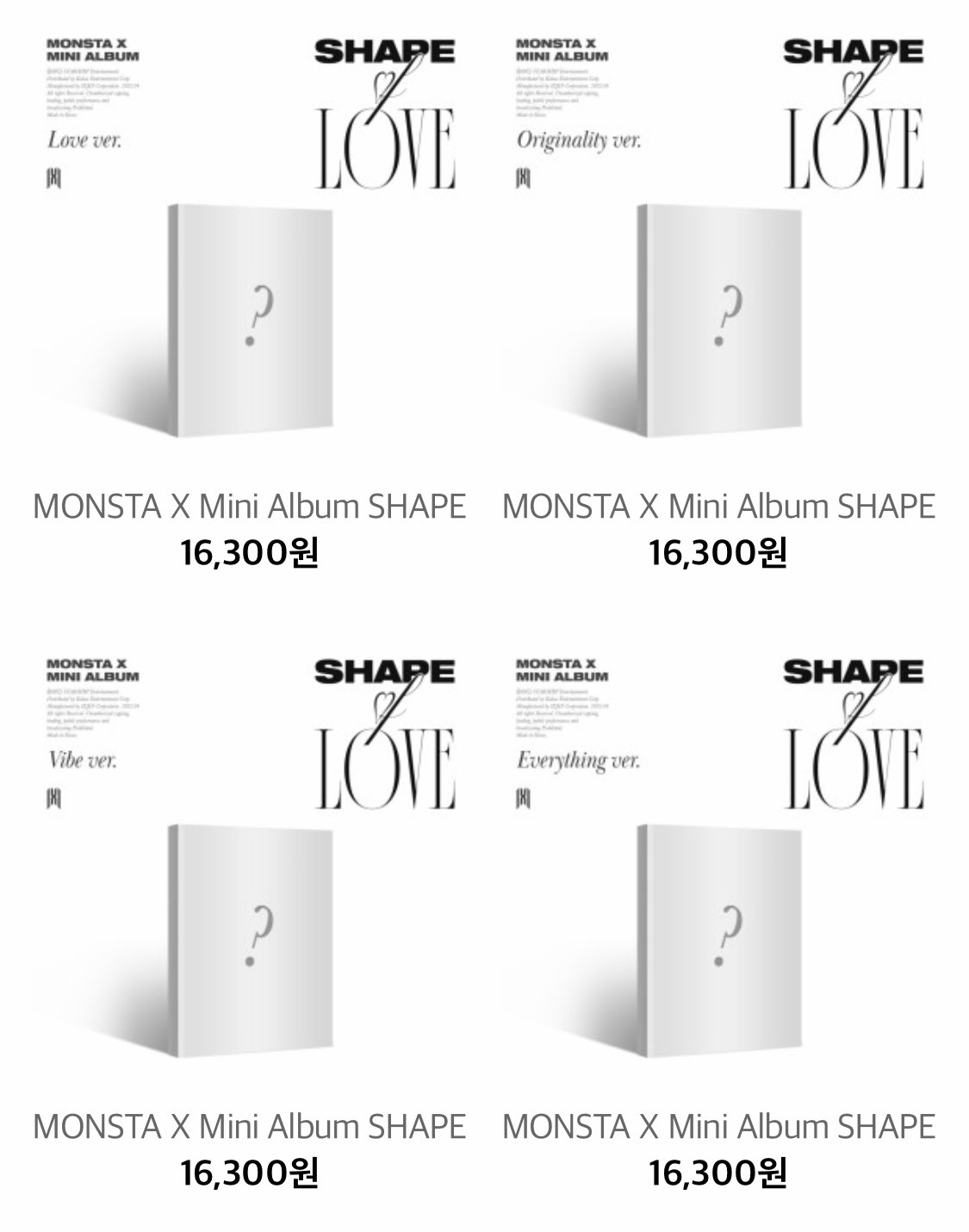 Monsta X Worldwide on X: [#wwmx_update] @OfficialMonstaX's Shape Of Love  will have 4 ver.: - Love Ver. - Originality Ver. - Vibe Ver. - Everything  Ver. #MONSTAX #몬스타엑스  / X