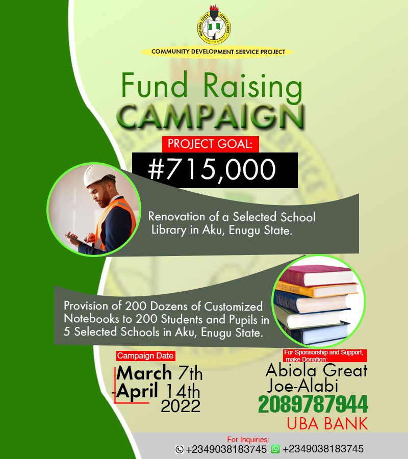 iamAbiola_Great's tweet photo. Hello fam❤️. I'm currently working on a personal Community Development Service (CDS) project.
Details are in the flyer below.
#Akueducationproject
#NYSC
#CDSproject
#Education
"A man's true wealth is in the good he does in this world" https://t.co/MkF7gIL02B