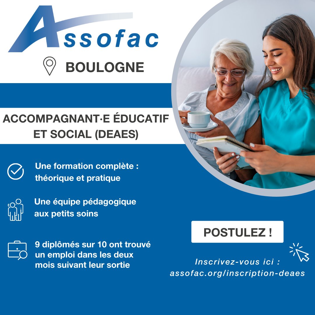 Formez-vous au métier d'Accompagnant·e Éducatif et Social à l'Assofac de Boulogne, pour obtenir votre #DEAES !
✔️ 96% de nos apprenants ont obtenu leurs diplômes
📢  Inscrivez-vous ici : 
assofac.org/inscription-de…
<a href="/MissionLocale75/">Mission Locale de Paris</a> <a href="/MlColombes/">Mission locale Colombes</a>  
#insertionpro #accompagnementeducatif