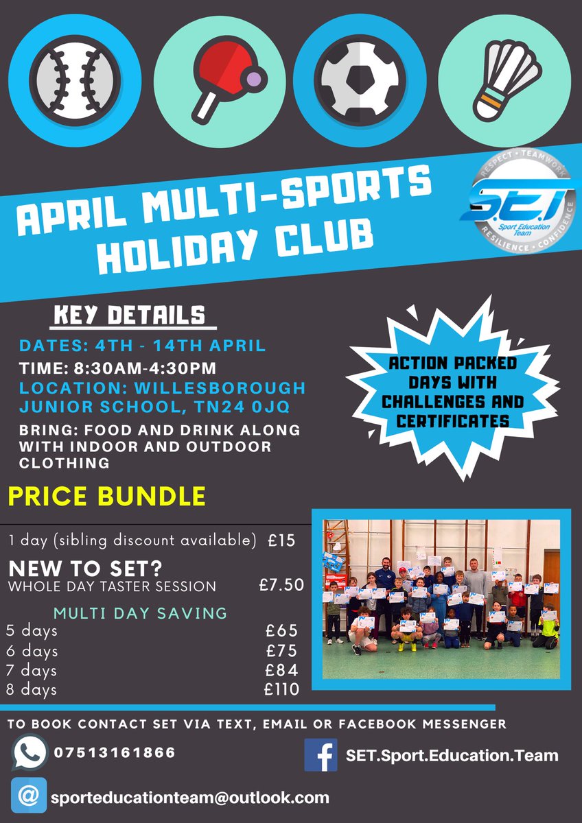 There is still plenty of time to book onto our Multi-Sports Holiday Club this April! 

Spaces are first come first serve, so make sure you don’t miss out🎾⚽️🏑🏈🏏

Contact us to secure your space.

SET🔵⚪️ 

#holidayclub #multisports #sportsclub #kent