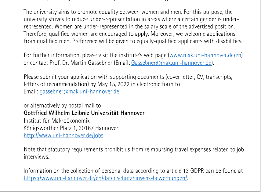 PhD position in development economics &amp; political economy at University of Hannover, Germany. Apply until May 15th.