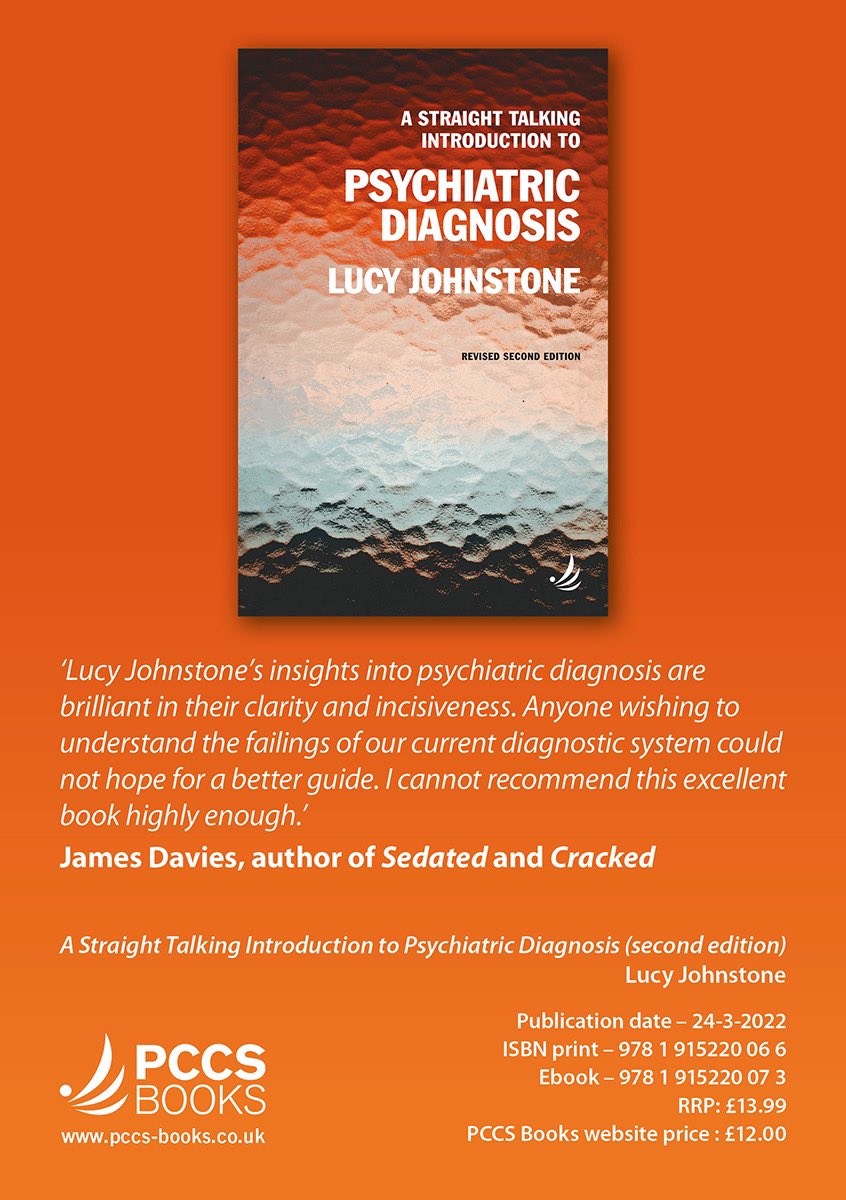 The new edition of A Straight Talking Introduction to Psychiatric Diagnosis by Lucy Johnstone is out today.

‘Anyone wishing to understand the failings of our current diagnostic system could not hope for a better guide.’ 
James Davies

bit.ly/3tzhp7C