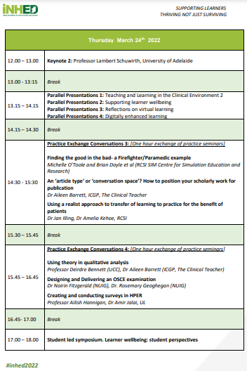 INHED_Ireland's tweet photo. 2. Delighted to bring you another fantastic programme of events today at #INHED2022 This includes our wonderful Keynote Speaker @LSchuwirth our Parallel Presentations, #PracticeExchange Conversations and a very special highlight our Student-led symposium on #LearnerWellbeing https://t.co/qj0TqLfEO7