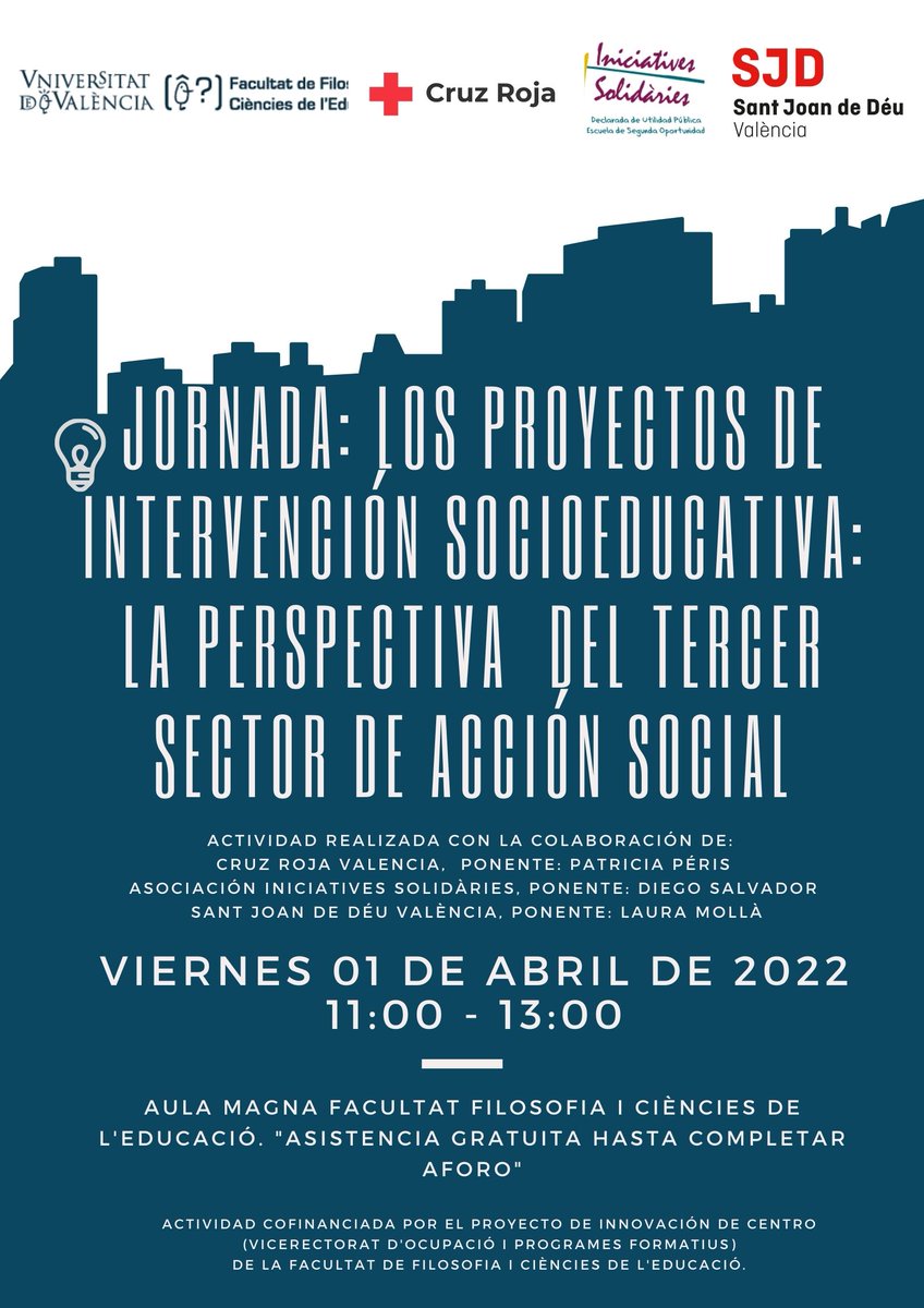 dapamon3's tweet photo. 📢Jornada “Los proyectos de intervención socioeducativa: la perspectiva del TSAS”, con Cruz Roja, 
Iniciatives Solidàries y Sant Joan de Deu.
🗓️01 de abril de 2022 (11:00 a 13:00).
📌Aula Magna. Fac. Ffía y CC Educ https://t.co/5fnroYE90u