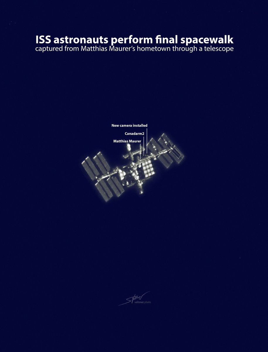 Yesterday I witnessed the #spacewalk shortly after sunset. Here comes a first photo. #ESA #astronaut Matthias Maurer was just "climbing" at this moment.
The rod-shaped structure (Canadarm2) is the robot arm.
Greetings from Matthias Maurers hometown - it was very exciting. #iss