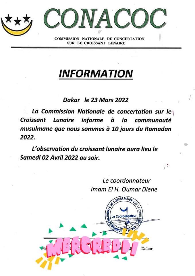 ModelLecitoyen's tweet photo. #CroissantLunaireSN
#Ramadan2022
La #Conacoc informe que nous sommes à 10 jours du Ramadan.
#Sn221🇸🇳 #Kebetu #Ramadhan #Dakar #Sénégal #Information https://t.co/qDuN1r5fEg