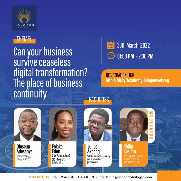 AcademyHalogen's tweet photo. Register for the webinar 'Can Your Business Survive The Ceaseless Digital Transformation? The Place of Business Continuity'.
It is FREE to attend 
Click this link to register: https://t.co/h0sFDSSPjN

#webinar #digitaltransformation #business #businessmanagement https://t.co/yLTq7wNpHK