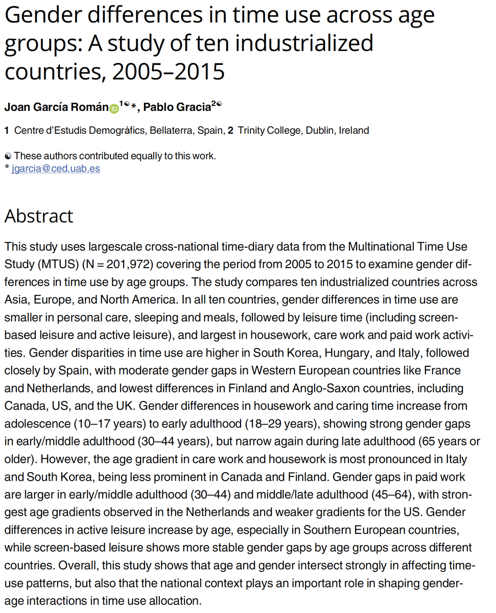 pablogracia_twi's tweet photo. ๐จ New paper on #gender gaps in #time_use across #age groups in @PLOSONE! ๐ฅณ
We use a life-course approach (from childhood to old age) to compare 10 countries across Asia, Europe, and North America.
with @J_GarciaRoman
Read it as #OpenAccess here!๐๐ผ
https://t.co/y9QVePpqaC https://t.co/A6R2KfHYew