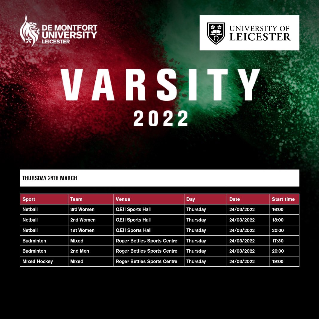 Varsity Fixtures - Day 3 | Todays see’s <a href="/UoLNetball/">ULNC</a>, <a href="/ULBCLEICESTER/">ULBC</a> and <a href="/ULHCMixed/">UoL Mixed Hockey</a> do battle against their <a href="/dmuleicester/">dmuleicester</a> counterparts. 

Show your support and help them bring home their respective Varsity points for <a href="/uniofleicester/">University of Leicester</a> 🏆🥇

#Varsity2022 #OneCityTwoTeams #FearLeics