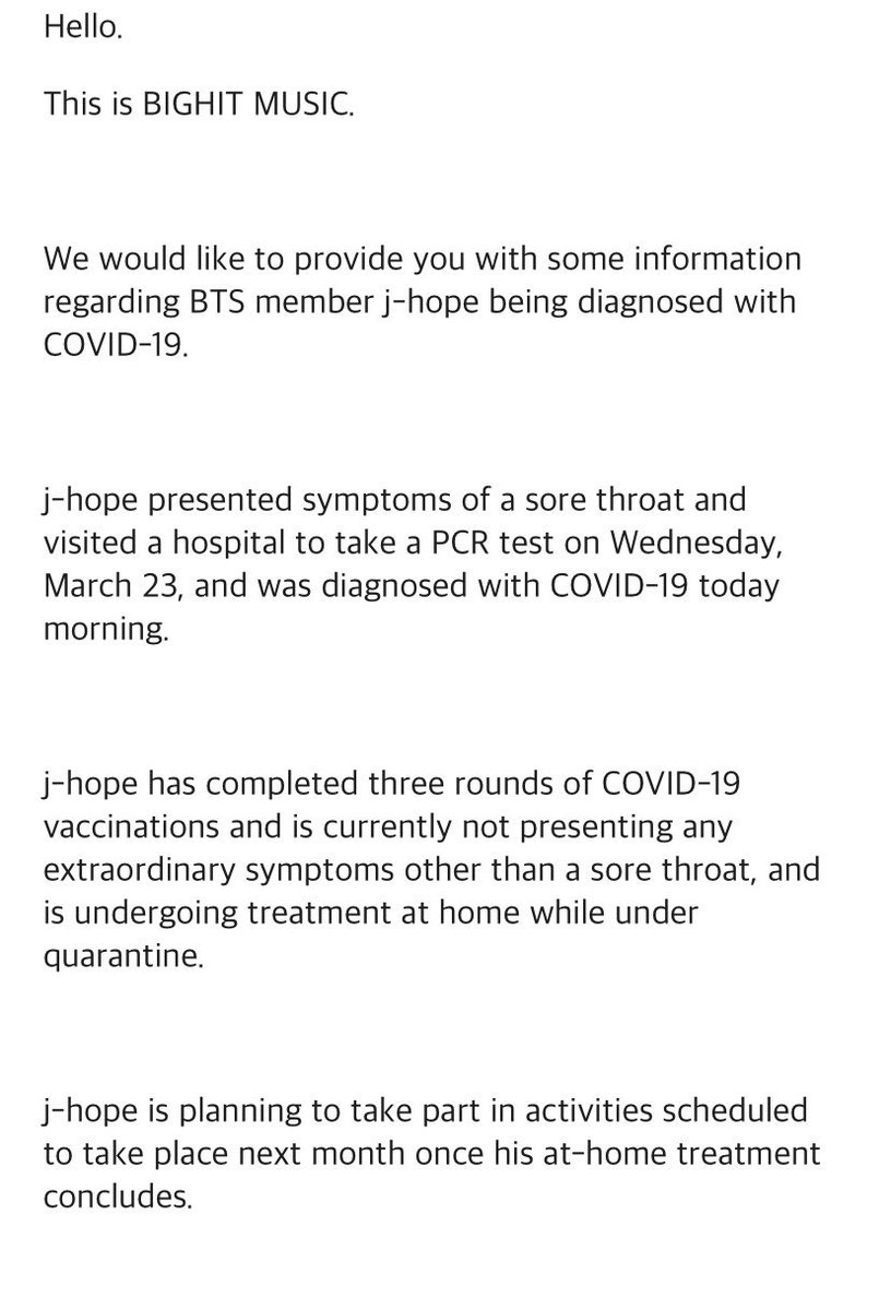 Qg_Barmys's tweet photo. 🔮[🚨] Através de um comunicado, a Bighit Music comunica que o J-Hope foi diagnosticado com COVID-19!

O Hobi já tomou as três doses da vacina e só está sentindo um pouco de dor de garganta. Ele estará em casa se cuidando durante o período de quarentena. 

#GetWellSoonHobi https://t.co/FJDpsgFjJi