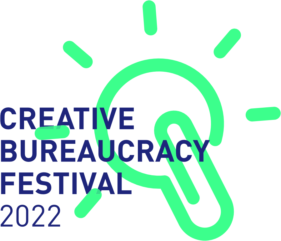 Das Logo des Creative Bureaucracy Festival 2022 zeigt eine Glühbirne, die aus einer Büroklammer geformt ist und strahlt.  