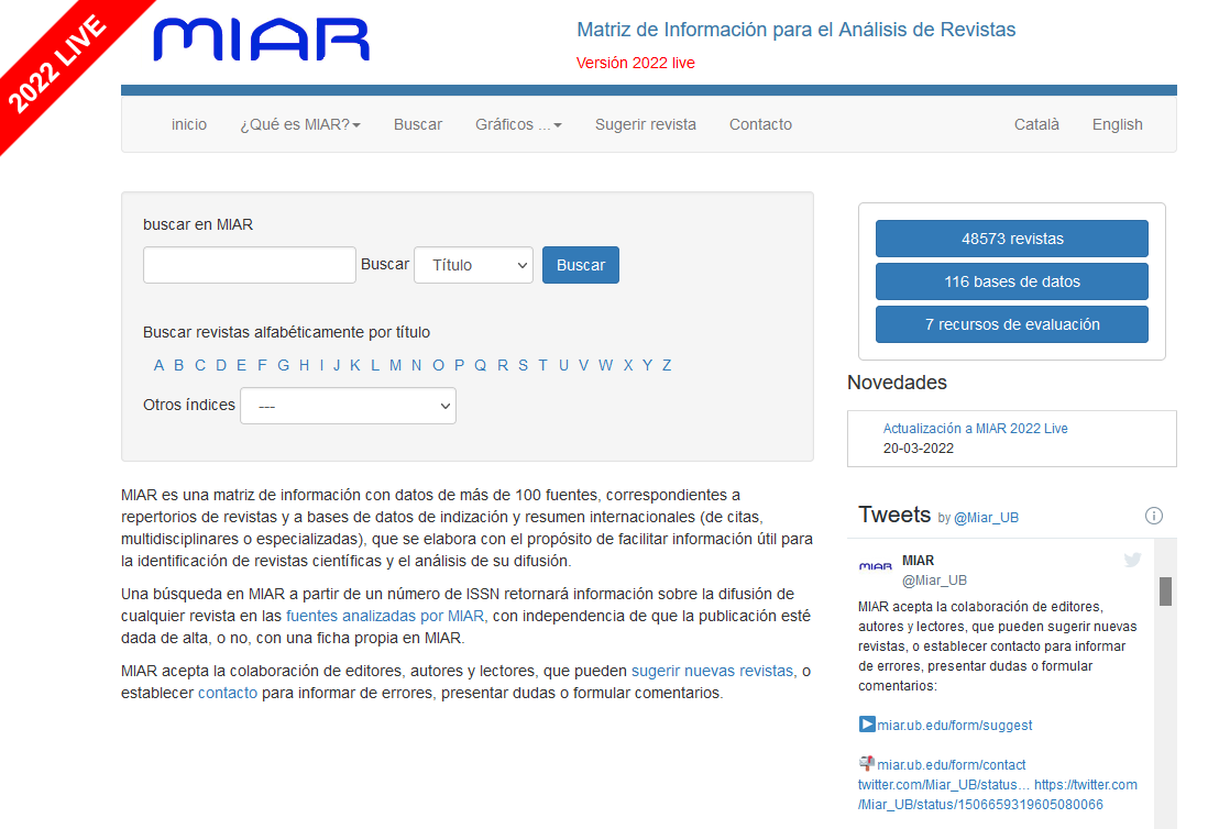 MIAR Live 2022 presenta una novedad importante respecto a años anteriores: se ha eliminado el indicador numérico ICDS. Apostamos por presentar de una manera más descriptiva y menos jerarquizada la difusión de las revistas que analizamos en las bases de datos y repertorios.