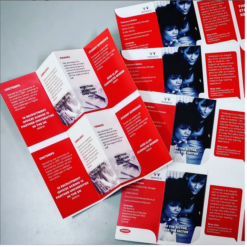 warwickprint's tweet photo. We are #printing concertina #leaflets for @unitemps - though the overall size is just 89 x 55mm, they fold neatly into 8 pages, making it ideal for #marketing info customers can easily take away with them. Call 024 7652 4729 to get this #flyer for your #advertisementcampaign https://t.co/sZo4xiI9K6