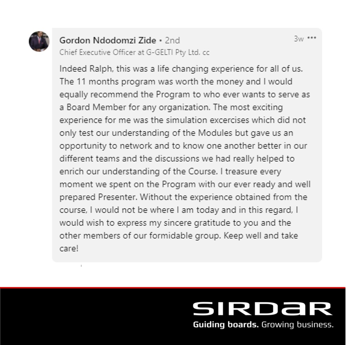 SirdarGroup's tweet image. What a great testimonial from Gordon Ndodomzi Zide.

We love seeing how participating in our #AppliedDirectorshipProgramme impacts our alumni’s boardroom influence and career path.

lnkd.in/gPq3Wpfs

#Sirdar #DirectorEducation #CSuite