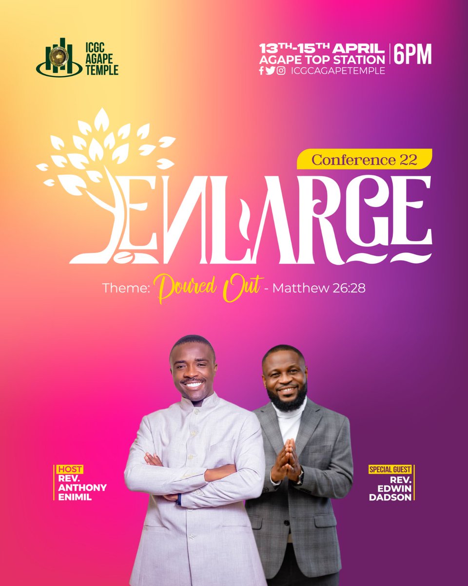 icgcagapetemple's tweet photo. Come, all ye who are heavy ladden and you will find rest.
Has God ever failed? NEVER and He won't start now.
Position yourself for an outpouring
#Enlargeconference2022
#pouredout https://t.co/BU3xO4xjAv