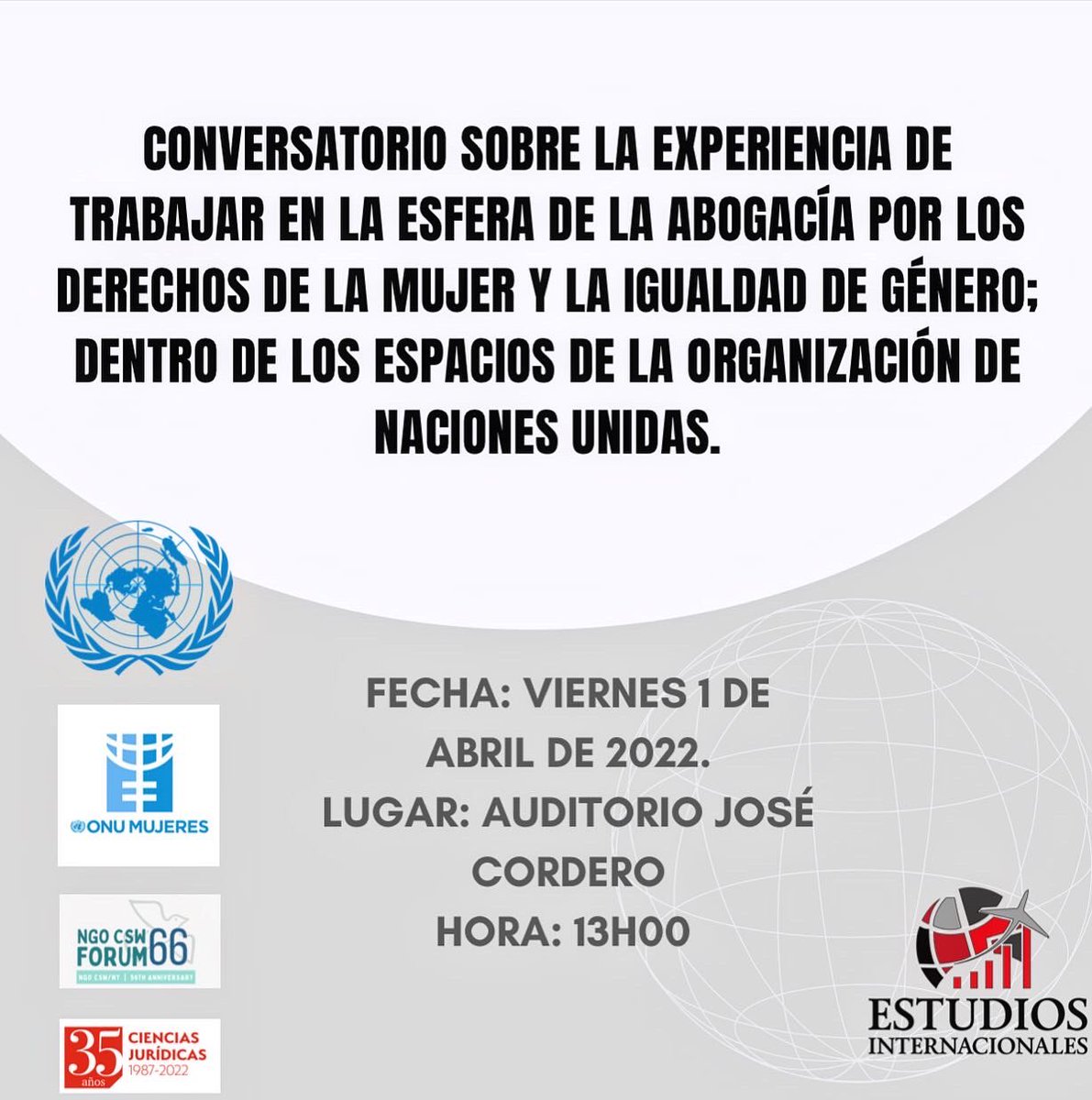 La Escuela de Estudios Internacionales tiene el honor de invitarles a la conferencia “Empoderamiento Femenino y la ONU”

Por: Lcda. Karina Bravo.
Fecha: 1 de Abril del 2022.
Hora: 13h00.
Lugar: Auditorio José Cordero.

Link de Inscripciones: 
 
forms.gle/cfNjF4sNRYFm6A…