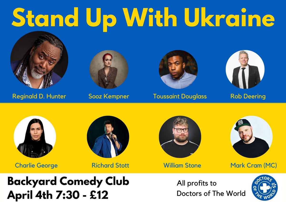 TheRstott's tweet photo. Update 🚨🚨
In a change in lineup I'm now thrilled to announce @reginalddhunter will be headlining Stand Up With Ukraine! 
Lineup includes: @SoozUK @DeeringRob @Toussaint_X @CGdoescomedy @MarkCramComedy @itswilliamstone
All profits to @DOTW_UK
Tickets https://t.co/jWsu1C7Kc9 https://t.co/cXzKnxOiJZ