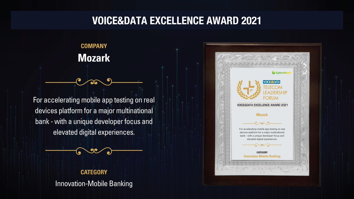 Thrilled to announce that <a href="/mozarkglobal/">MOZARK</a> was the winner of Cybermedia @VnDIndia Excellence Award 2021 in the category of "Innovation - Mobile Banking" at the recently concluded Telecom Leadership Forum 2022.

#innovation #banking #mobilebanking