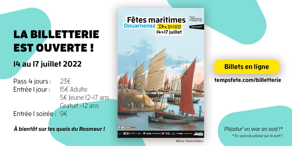 TempsfeteDz's tweet photo. La billetterie en ligne est ouverte !
https://t.co/xQ88H54GUI
C'est le grand retour du Pass 4 jours (23€) et du billet "soirée" à partir de 19h (9€). Entrée 1 jour : 15€ adulte, 5€ jeunes 12-17 ans. Entrée gratuite pour les - de 12 ans.
À bientôt sur les quais du Rosmeur ! https://t.co/O4EIUWt5xu