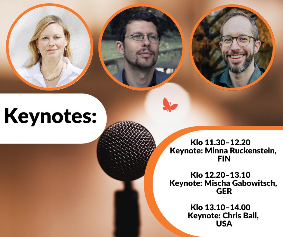 Pääpuhujien puheet ovat alkamassa. --- Keynote speakers will start soon. --- Keynotetalar börjar snart. 11.30–12.20 Keynote: Minna Ruckenstein, FIN 12.20–13.10 Keynote: Mischa Gabowitsch, GER 13.10–14.00 Keynote: Chris Bail, USA #sosiologipäivät2022