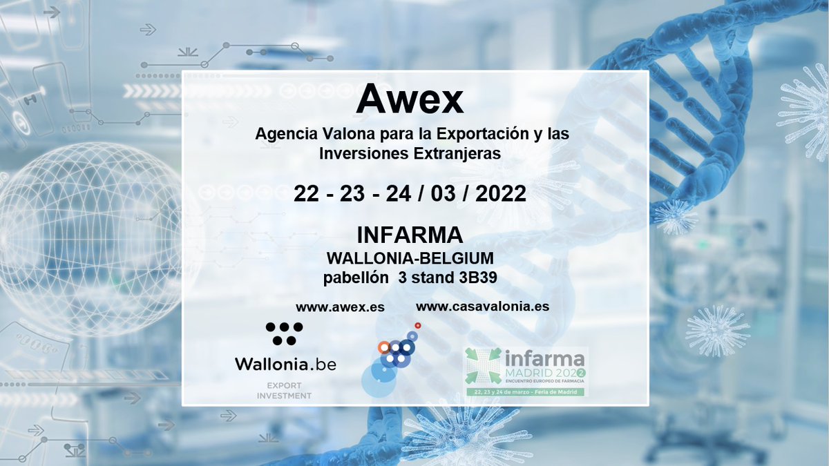 Continuamos en <a href="/infarma_salon/">Infarma Salón</a>  con 10 de las empresas del sector de la #Salud y #biotec más innovadoras de Valonia: @Bellavie6, Tilman, Maison Eole, Silac, Alvalux, Cole Pharmaceuticals, Noa Technologies, Ortis, Trenker y San Probiotics Le Chalet. 
Stand 3B39 de <a href="/AwexMadrid/">@awex-madrid</a>