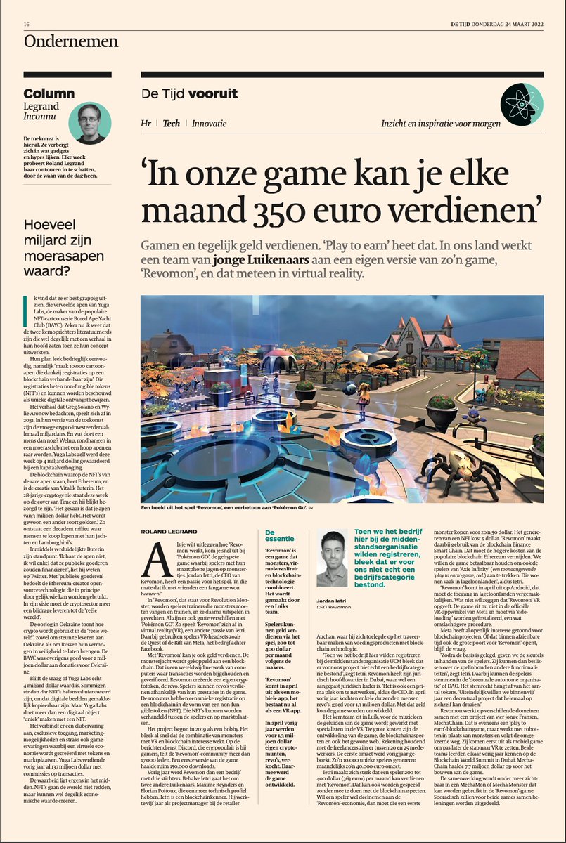 Aurita_Smn's tweet photo. A huge THANK to the very inspiring @RolandLegrand for this cross-chase interview in de @tijd of our CEO @jordanietri about @RevomonVR 👾, our team &amp; the long term partnership with @MechaChain 🤖 led by @romanczny.

#NFTs #Metaverse #cryptocurrencies #p2e $REVO $MECHA https://t.co/siuRCWshJN