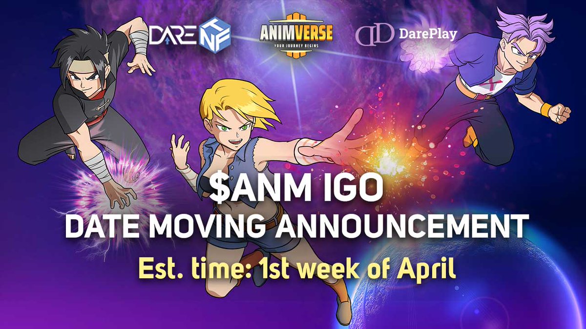 $ANM IGO <a href="/HelloAnimverse/">Animverse</a> ON #DAREPLAY 

1/x 

To get guaranteed allocations, you need to

1. Get $DP by staking $DNFT or $DNFT-BNB LP on dareplay.online/dare-farm

2. Join gleam whitelist: gleam.io/QkrnG/animvers…

3. Participate in pre-IGO competitions &amp; initiatives (coming soon)
