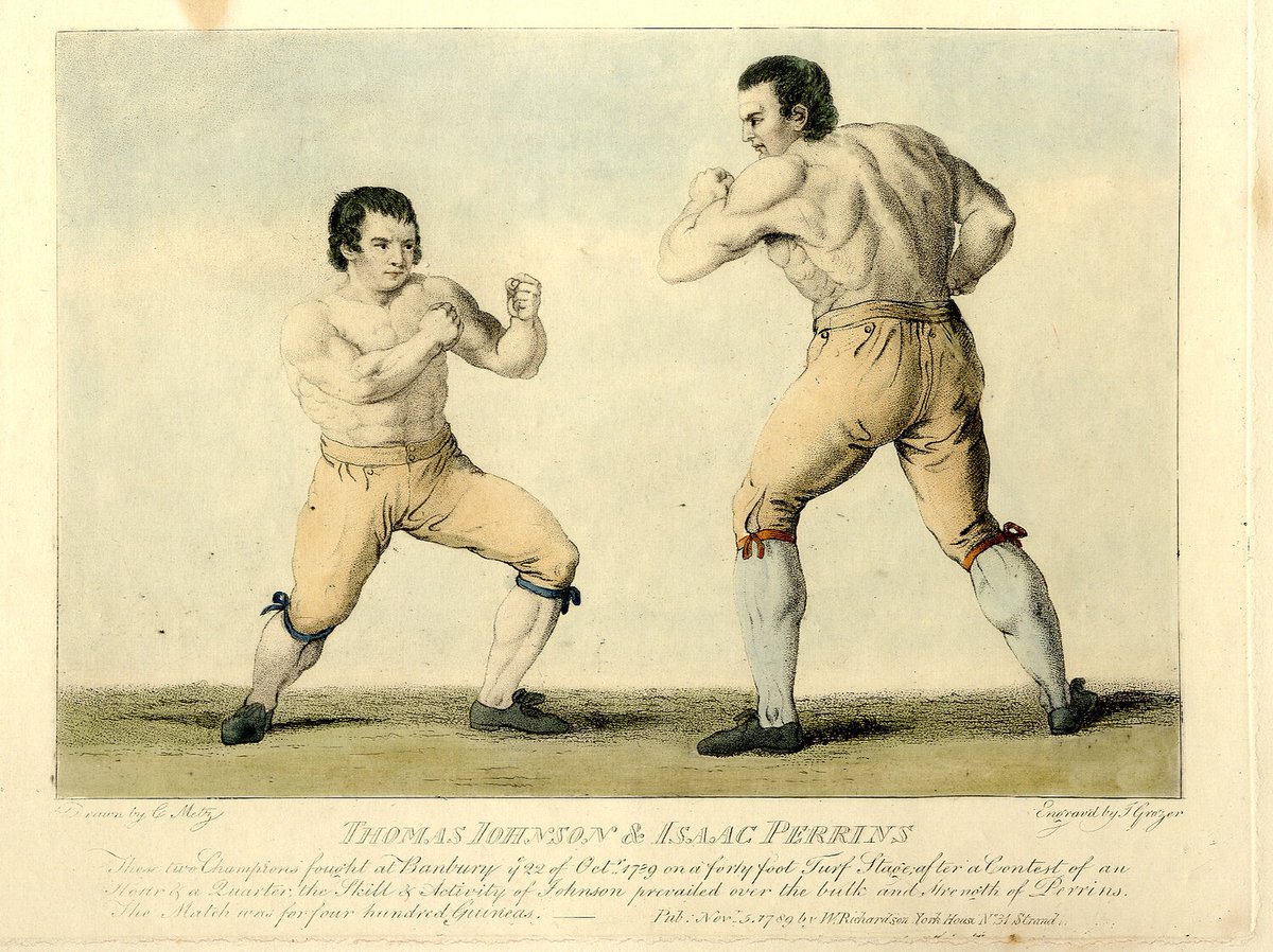 Conrad Metz’ depiction of Derby’s Tom Johnson taking on Issac Perrins in 1789. Despite giving away 4’’ in height and 19kg in weight, Johnson used superior skill and movement to claim victory after 62 rounds

#boxinghistory #boxingnews #boxing #britishboxing