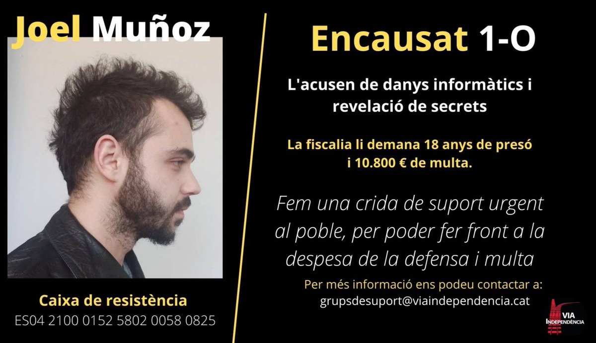 Bon dia gent bonica!
Us volem explicar que tenim el judici d'en Joel a la cantonada.
Necessitem recollir 10.800€ per pagar la multa.
Ho hem d'ingressar als judjats el més aviat possible xk serveixi d'atenuant.
Ens posem en mans de la màgia de la voluntat del poble!
Seguim 💪