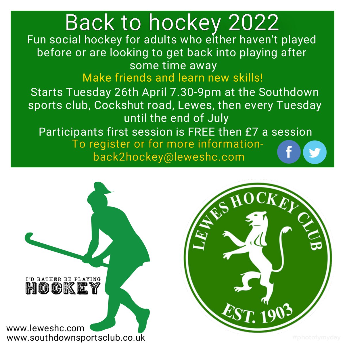 Southdownsport's tweet photo. Come and play...again!    No standing on a pitch freezing in the middle of winter.  The sessions will run from Tuesday 26th April 7.30-9pm then every Tuesday until the end of July.  Sunshine, social and fun....@Southdownsport   @LewesHockeyClub https://t.co/RakY4iJ0F7