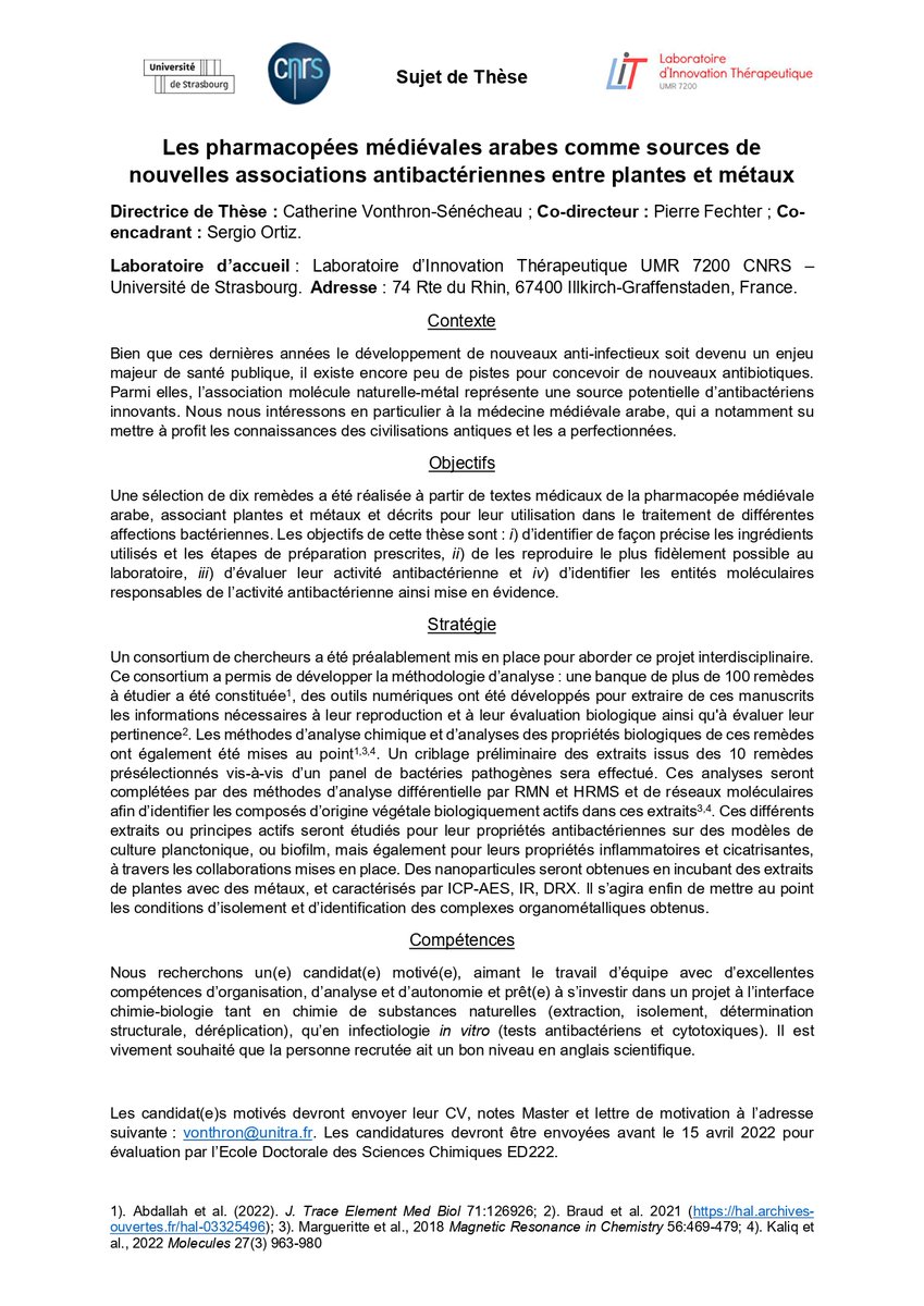 Bonjour ! Voici un sujet de thèse à Strasbourg en Pharmacognosie sur les pharmacopées arabes médiévales comme sources de nouvelles antibiotiques !  Merci de diffuser aux possibles candidat.e.s !! <a href="/Pharma_ANEPF/">ANEPF Pharmacie</a> @reseauSCF @INC_CNRS <a href="/APharmacognosie/">AFERP Pharmacognosie</a>