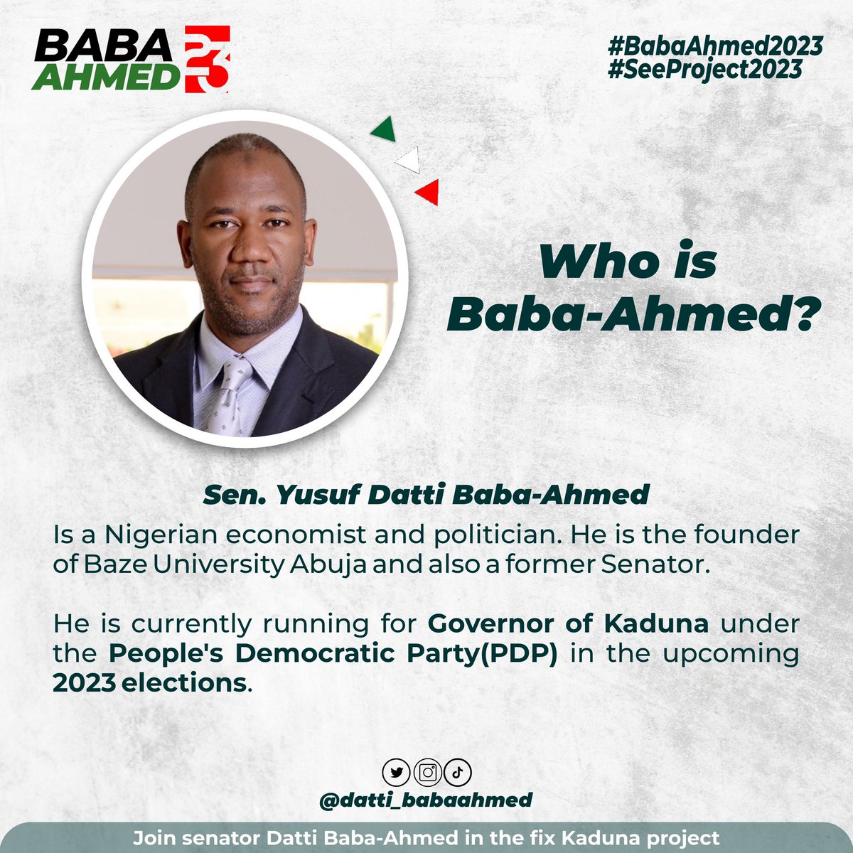 DDB_BAA_'s tweet photo. Join Senator Datti Baba-Ahmed in the SEE Project 2023
S- Security 
E- Education 
E- Economy 
#BabaAhmed2023 #SYBA4Kaduna 
#PowerToThePeople https://t.co/5rByNyKwwD