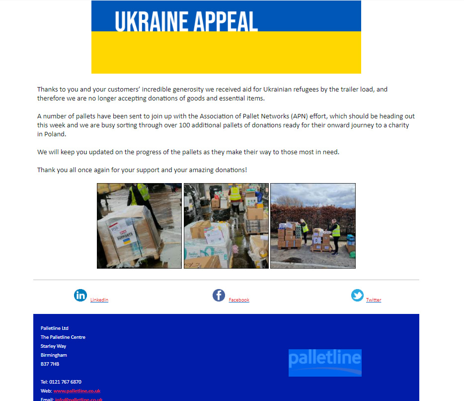 One_Digital_UK's tweet photo. So many lives ruined,  or worse &amp; a beautiful country decimated. Our thoughts are with the people of #ukraine  Thank you to everyone who donated &amp; to @axtralogistics &amp; Palletline Ltd for ensuring the safe delivery of essential items. Let us hope peace returns soon ❤️🇺🇦 https://t.co/VcfYAhMkQA
