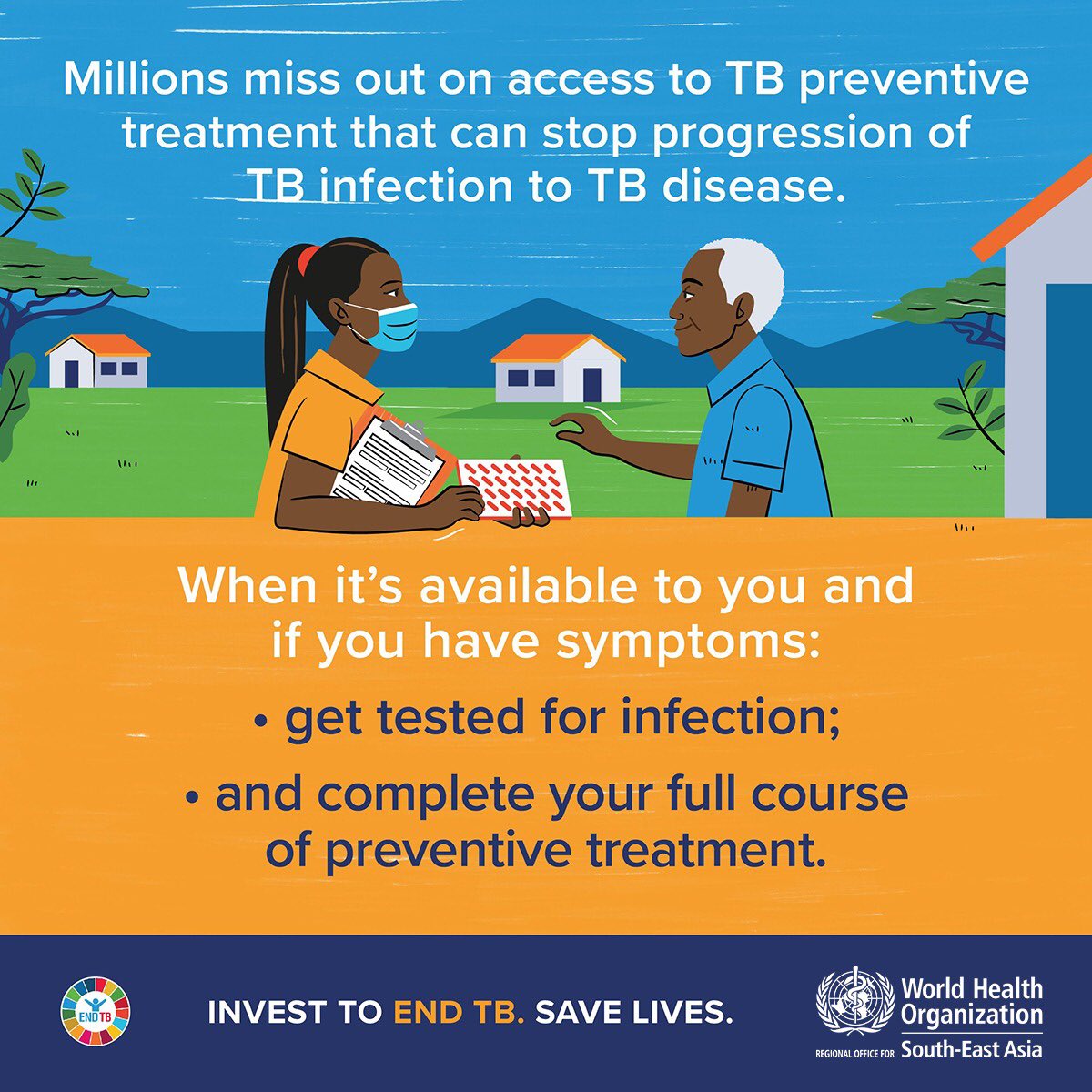 WHOSEARO's tweet photo. If you have #tuberculosis symptoms, get tested and complete the full course of treatment.

Invest to #endTB. Save lives. #WorldTBDay2022 https://t.co/zEpMh51ise