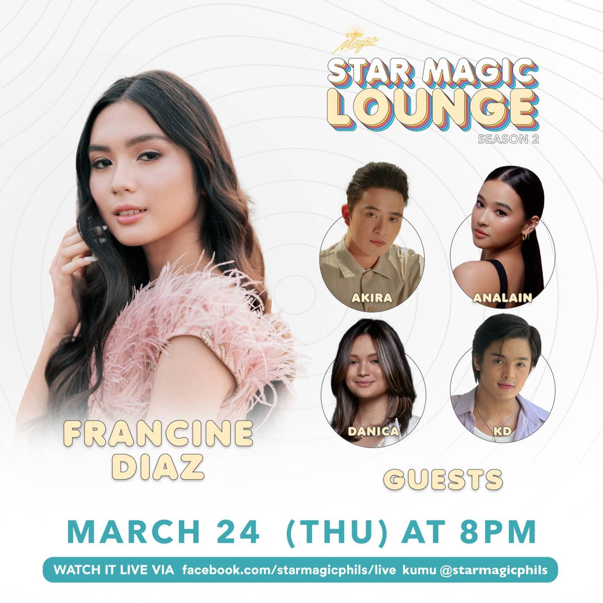 DreamscapePH's tweet photo. Anna Geronga’s #BolaBola is coming to #StarMagicLounge! Samahan na sina @francinesdiaz, @bgyo_akira, @analain_salvador, @danicaontengco, and @kdestrada_ ngayong Thursday, 8PM, live on Star Magic Facebook page and Kumu channel! https://t.co/DVV51h1Ygk