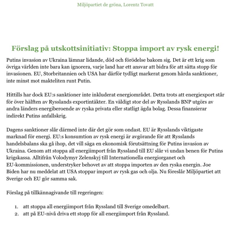 LorentzTovatt's tweet photo. Är chockad. MP:s initiativ om att stoppa all rysk energiimport har precis avslagits av ALLA partier förutom MP och V. Trots att Europa VARJE DAG skickar 600 MILJARDER kronor för energi rakt in i Putins krigskassa. Att de inte skäms? https://t.co/2XQBB5RwIZ