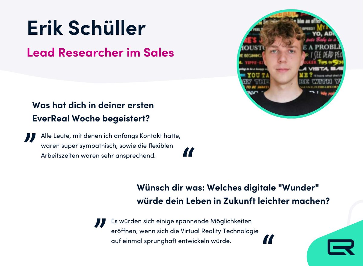EverReal wächst weiter - Zeit, unsere neuen KollegInnen vorzustellen! 🤩 
Erik Schüller ist seit Oktober dabei und arbeitet im Team Sales. Willkommen im Team!

#everrealvolution #teameverreal #salesdevelopment #businessdevelopment