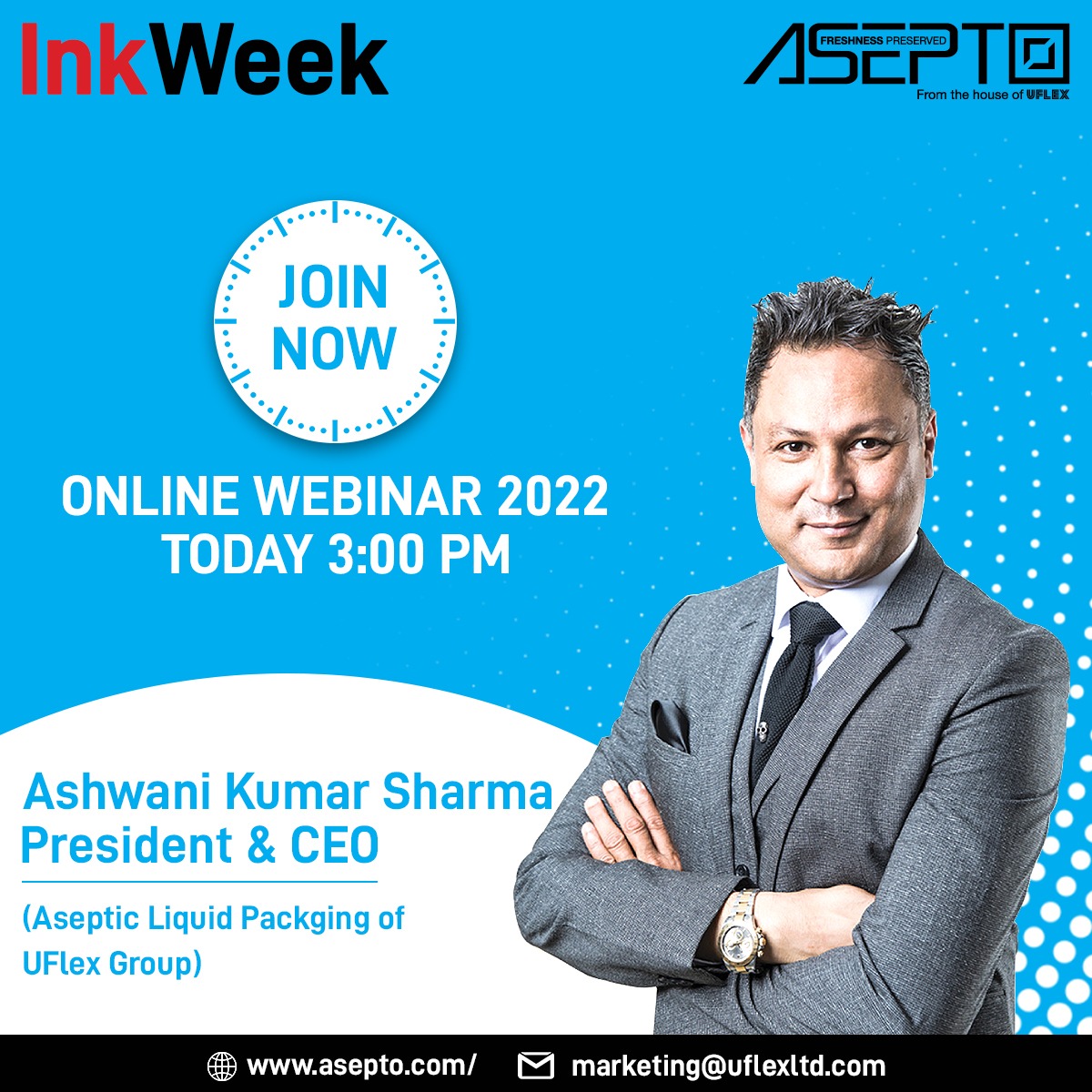 uflex_asepto's tweet photo. Join now to listen to Mr. Ashwani Kumar Sharma, President & CEO, Aseptic Liquid Packaging, UFLEX Group.
https://t.co/dFhJQqm0PF
#InkWeek2022 #Asepto #Webinar #event #Live #business @printweekindia https://t.co/UGcSDGJ91w