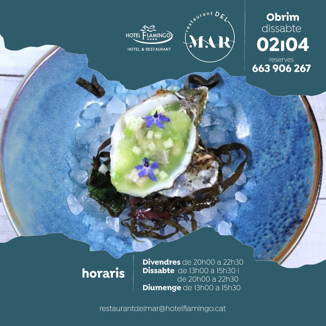 El proper dissabte 2 d'abril, el Restaurant del Mar inaugura temporada, així que ja pots fer les teves reserves al 📱663 906 267 o bé al 📧 restaurantdelmar@hotelflamingo.cat
⏰ Horaris  Divendres migdia Dissabte migdia i nit Diumenge migdia
#ampollaturisme #restaurantdelmar