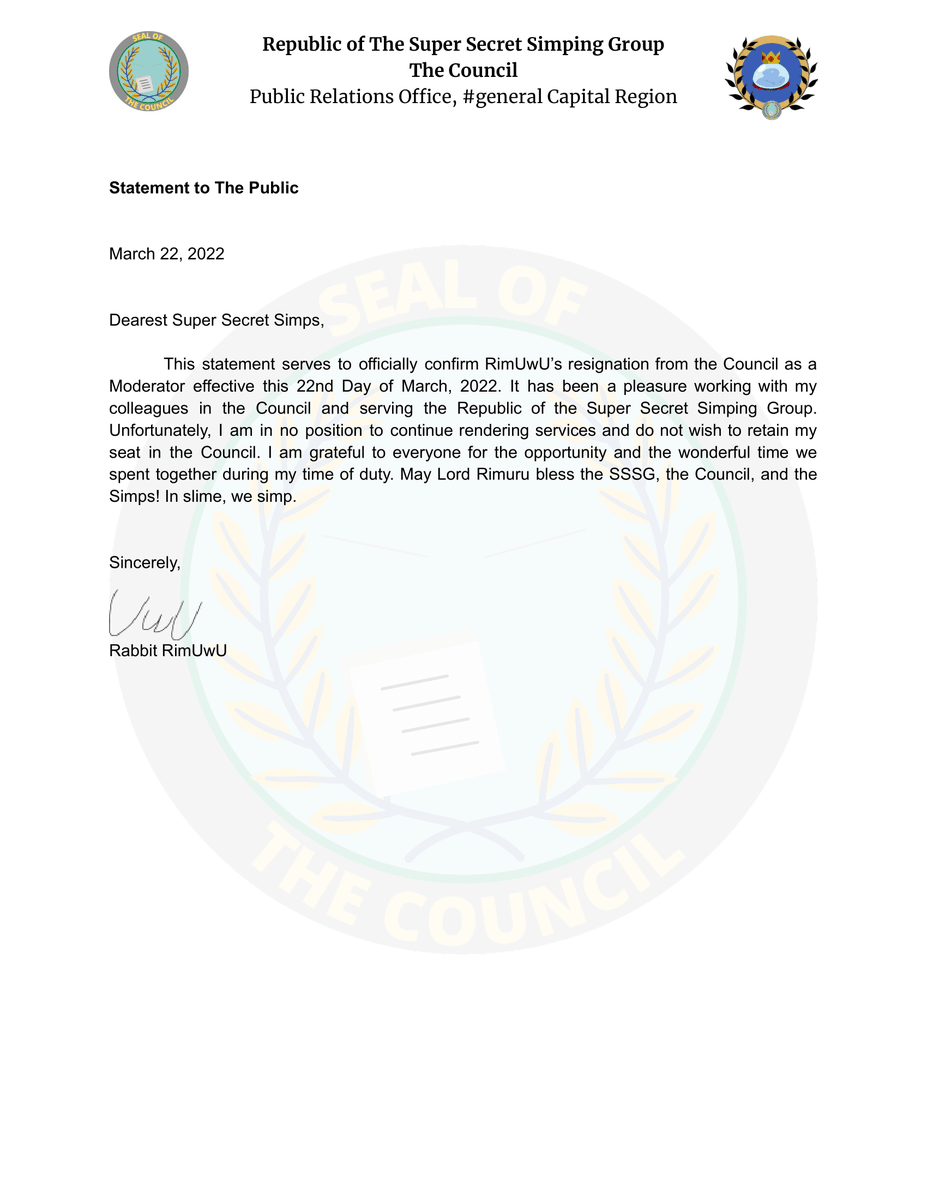 RimuNews's tweet photo. RimuNews was able to obtain a copy of RimUwU's public statement released by the Council's Public Relations Office in #general, Capital Region https://t.co/6YibLEORCm