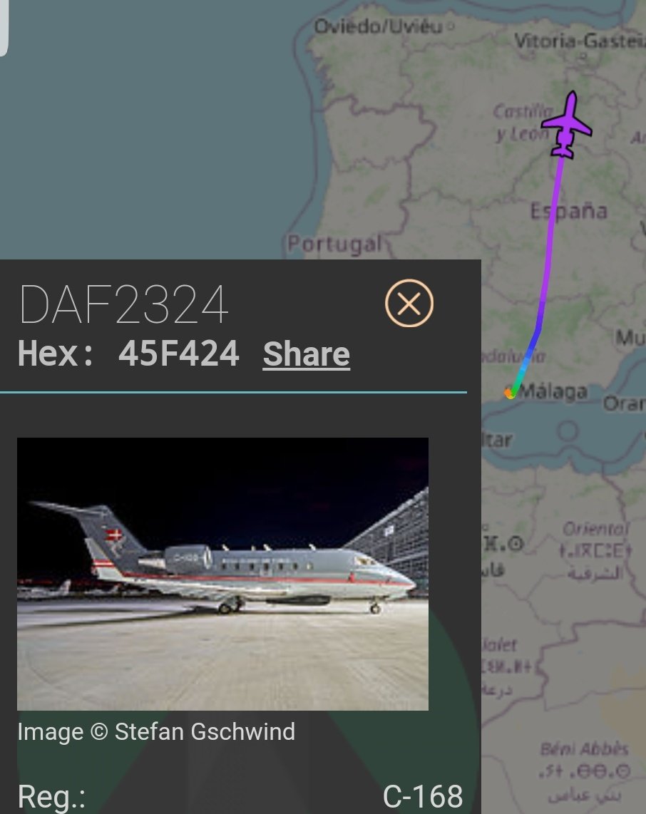 MilRadar's tweet photo. 🇩🇰 Real Fuerza Aérea Danesa #Bombardier CL-600 #Challenger #C168 finaliza las patrullas de #Frontex regresando desde #Málaga a casa https://t.co/9XqiFiNBFL