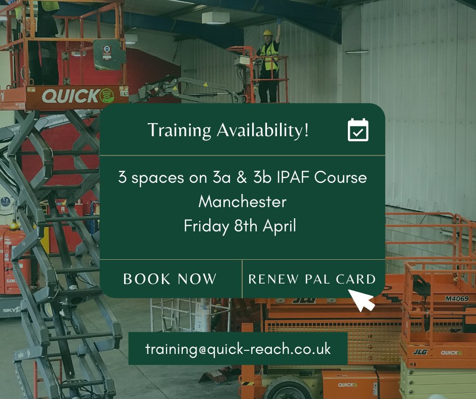 We have 3 spaces left on our 3a &amp; 3b #IPAF course in Manchester on Friday 8th April. 

To book onto this course or for any other training enquiries, please get in touch with our lovely team.

 📞0161 789 5600
📧training@quick-reach.co.uk
💻quick-reach.co.uk/training
#IPAFTraining