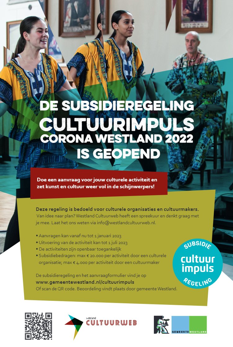 𝗖𝘂𝗹𝘁𝘂𝘂𝗿𝗺𝗮𝗸𝗲𝗿𝘀 𝗲𝗻 𝗰𝘂𝗹𝘁𝘂𝗿𝗲𝗹𝗲 𝗼𝗿𝗴𝗮𝗻𝗶𝘀𝗮𝘁𝗶𝗲𝘀, 𝗱𝗲 𝗻𝗶𝗲𝘂𝘄𝗲 𝘀𝘂𝗯𝘀𝗶𝗱𝗶𝗲𝗿𝗲𝗴𝗲𝗹𝗶𝗻𝗴 ‘𝗖𝘂𝗹𝘁𝘂𝘂𝗿𝗶𝗺𝗽𝘂𝗹𝘀 𝗖𝗼𝗿𝗼𝗻𝗮 𝗪𝗲𝘀𝘁𝗹𝗮𝗻𝗱 𝟮𝟬𝟮𝟮’ 𝗴𝗲𝗼𝗽𝗲𝗻𝗱! gemeentewestland.nl/cultuurimpuls