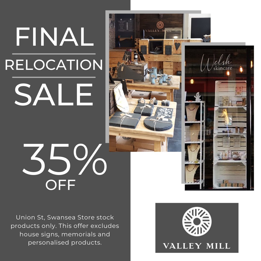 slatehouseshop's tweet image. Final Relocation Sale This Weekend!

This Friday, Saturday and Sunday we are giving you 35% off* stock products in our Union Street, Swansea store. 

*T&amp;amp;C's apply. Offer excludes house signs, memorials and personalised products.

#relocationsale #weekendsale