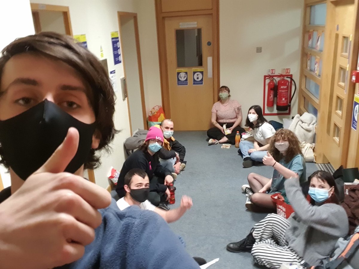 jake4dundee's tweet photo. When we said direct action, we meant it. We have occupied the fourth floor of the Tower Building in defence of the UCU strike.

We will remain here for 24 hours or until demands are met. Their teaching conditions are our learning conditions. #OneOfUsAllOfUs https://t.co/2aAcrbwndX